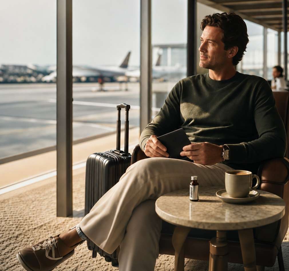 Man relaxing in an airport lounge with a coffee and a SharpUp shot
