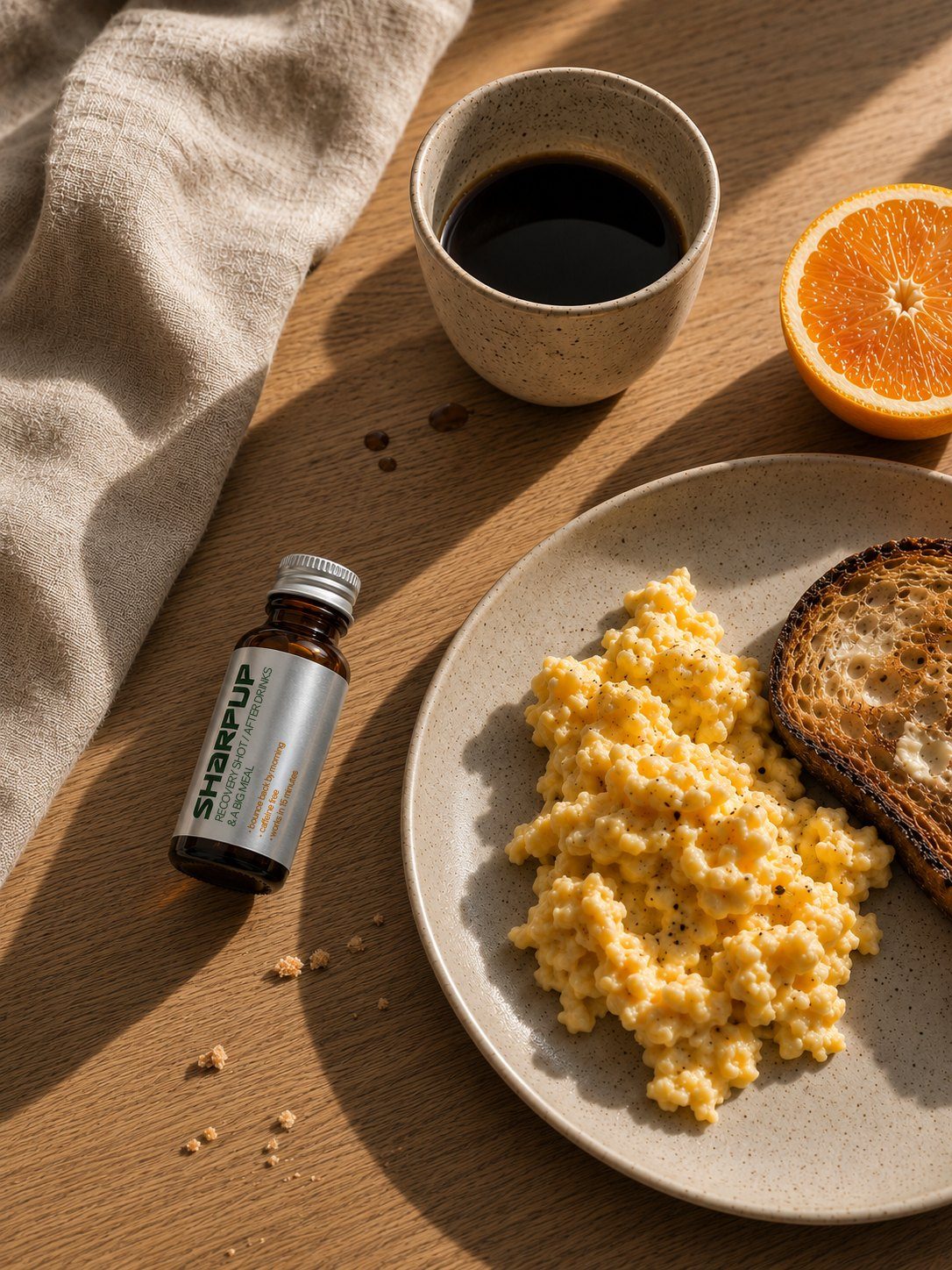 Breakfast table with coffee, orange and a SharpUp shot